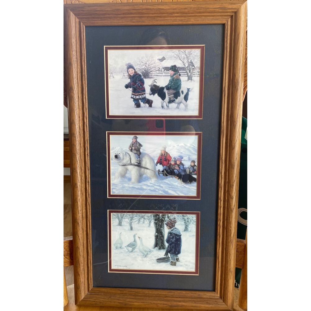 T Duncan Framed Winter Art Print Triptych Polar Bear Goat Geese Wood Frame 22x12